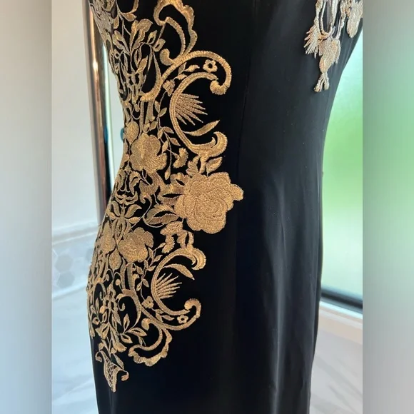 Marchesa Notte Mermaid Black Stretch Crepe and Gold Lace Embroidered Ball Gown 8 - Picture 6 of 16